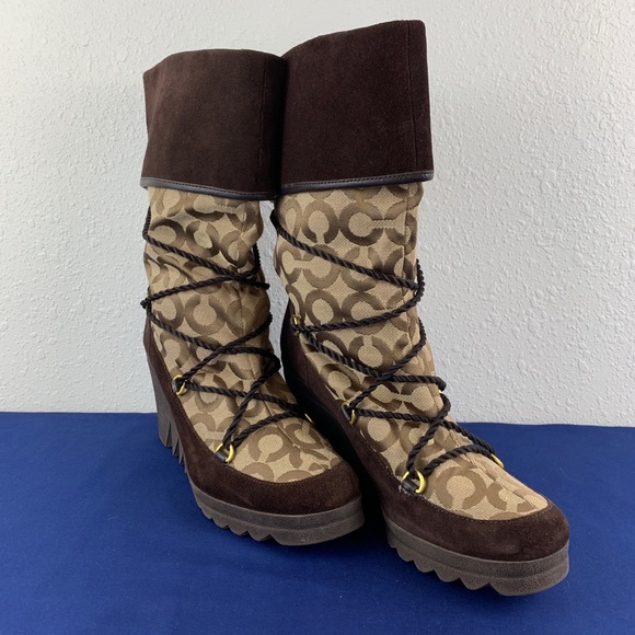 Coach Shoes - Coach Maisy Suede Jacquard Signature Wedge Boots